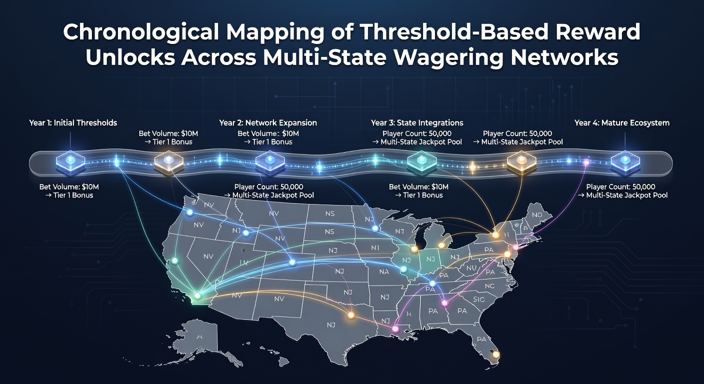 Timeline graphic showing reward threshold progression in multi-state betting networks from 2018 to 2026
