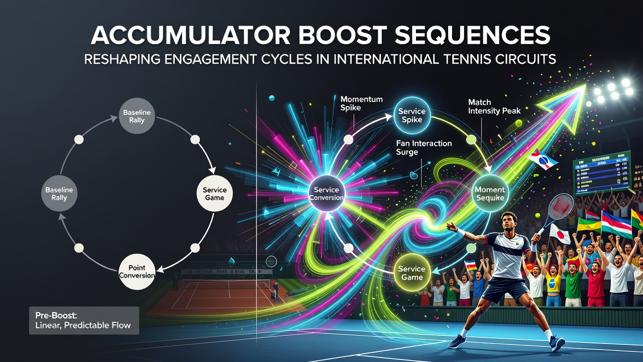 Tennis court scene with betting interface overlays showing accumulator sequences during a major tournament