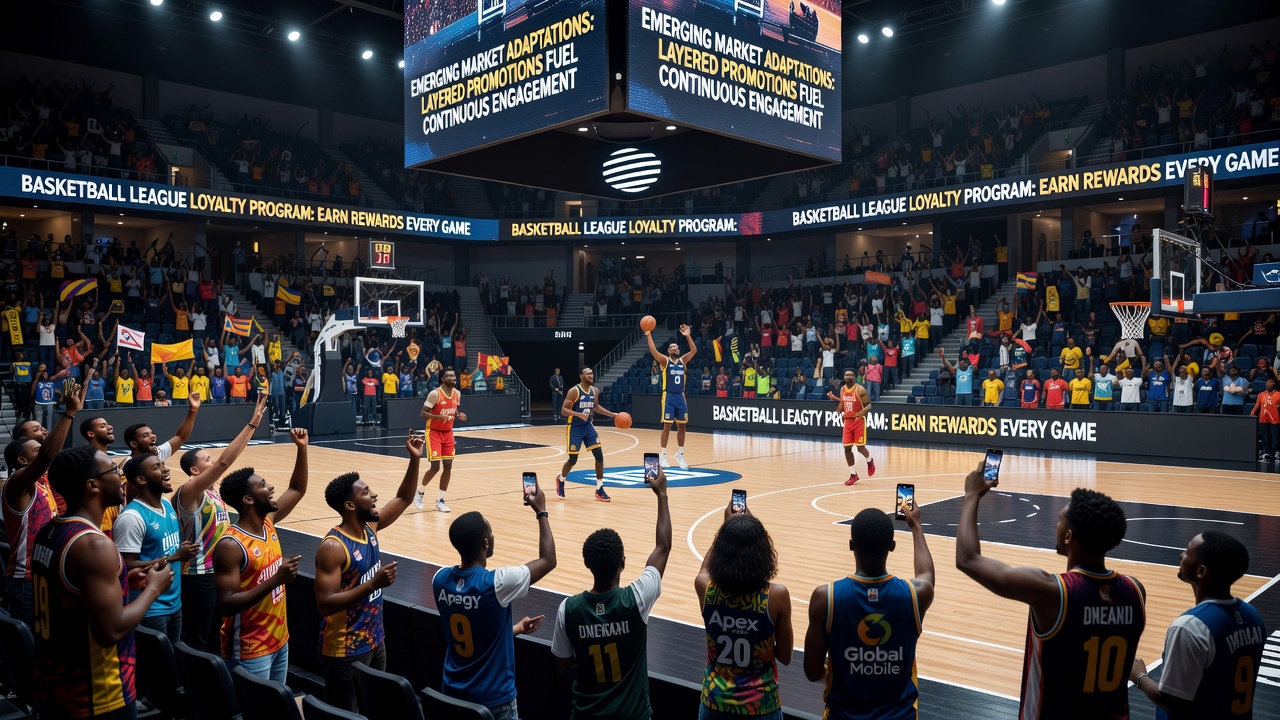 Mobile app interface displaying layered basketball betting promotions and loyalty progression in an emerging market