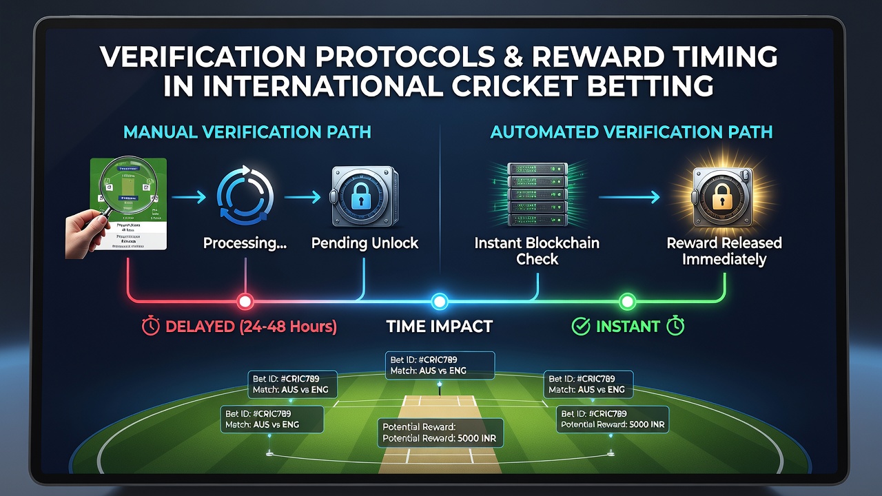 Timeline graphic of reward unlock delays linked to verification stages in global cricket betting