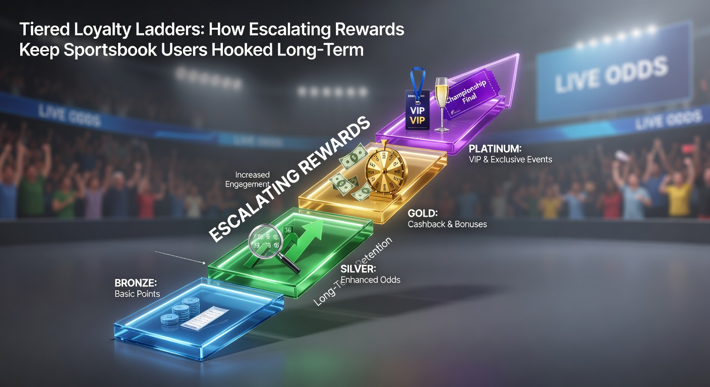 Graphic illustrating a loyalty ladder with tiers from bronze to diamond, showing escalating rewards like bonus bets and VIP perks climbing upward